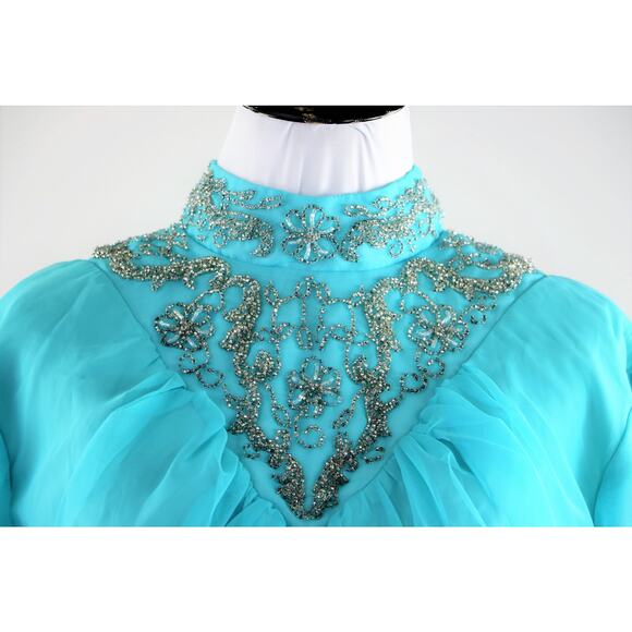 Vintage 1970s Blue Chiffon Maxi Dress with Ornately Beaded Neckline Medium - Picture 4 of 10